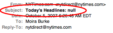 New York Times daily email with null headlines